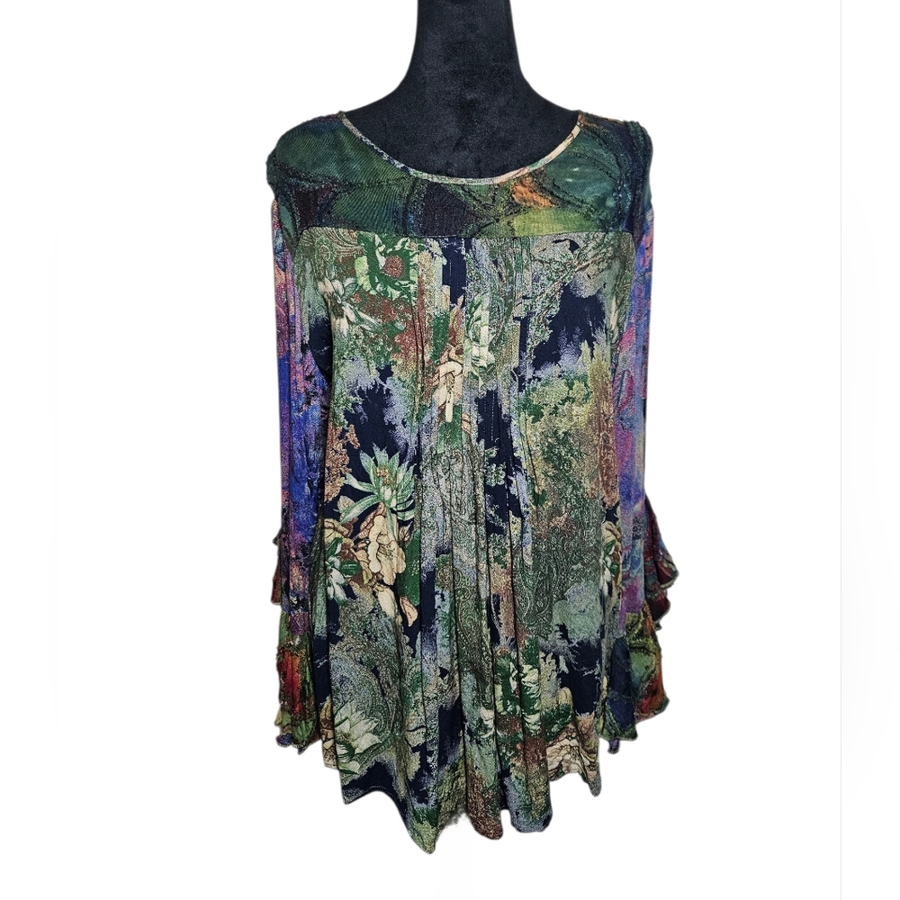 Bohemian Floral Art-to-Wear  Green Multicolor Wimsigoth Bell Sleeve  Tunic Large
